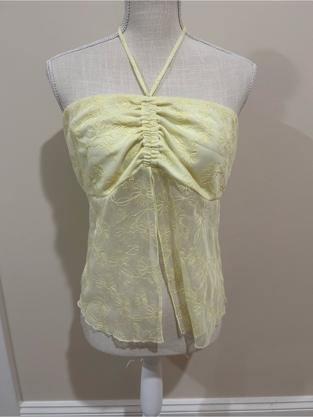 Ladies Halter Floral Lace Ruched Front Top - Yellow